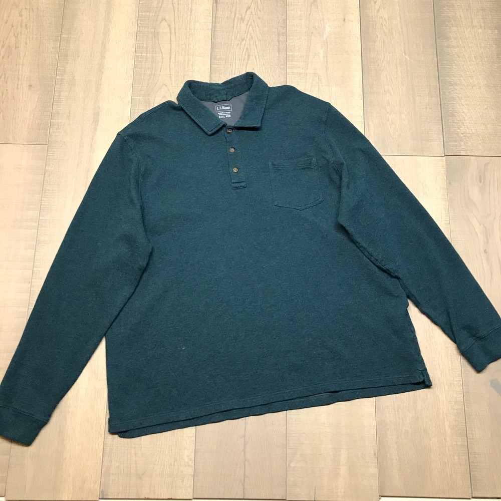 L.L. Bean Polo‎ Shirt Mens Size 3XL Green Washed Cotton Double Knit Long Sleeve